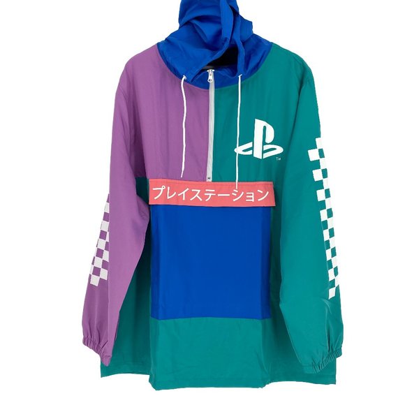 PLAYSTATION Bioworld Pastel Colorblock Checkered Long Sleeve Hooded Windbreaker - Picture 1 of 16